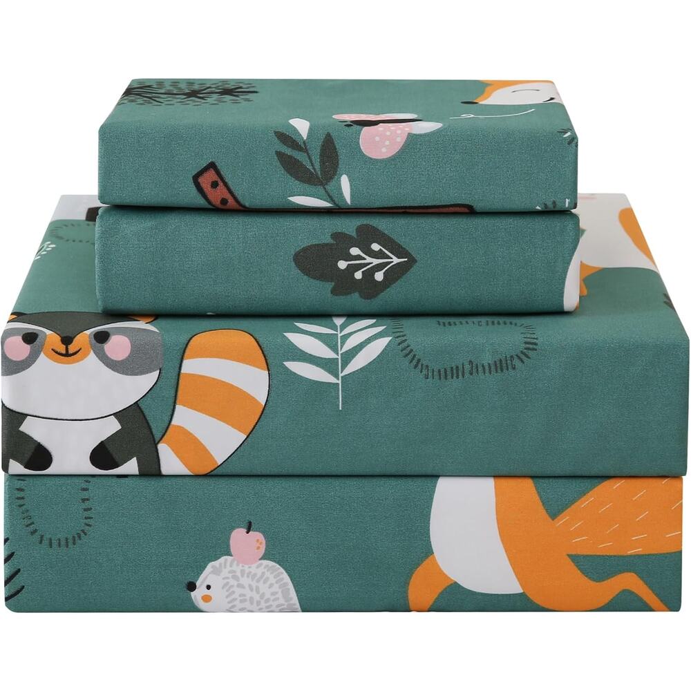 JSD Green Forest Animals Kids Sheet Set Twin Size, 3 Piece Woodland Printed